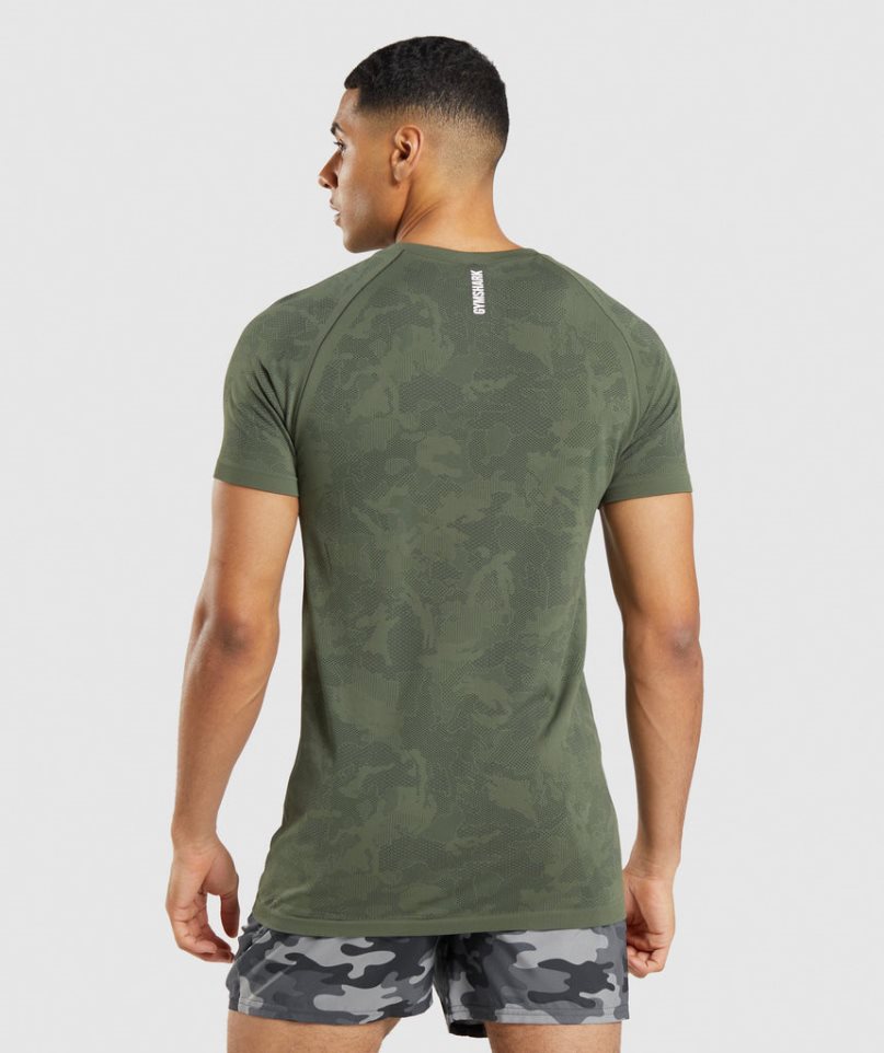 Men's Gymshark Geo Seamless T-Shirts Olive | NZ 3NHQJP